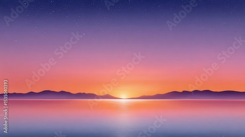 Stunning sunset over calm waters, with mountains silhouetted against a vibrant sky.