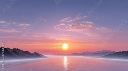 Serene sunset over a calm lake surrounded by distant mountains.