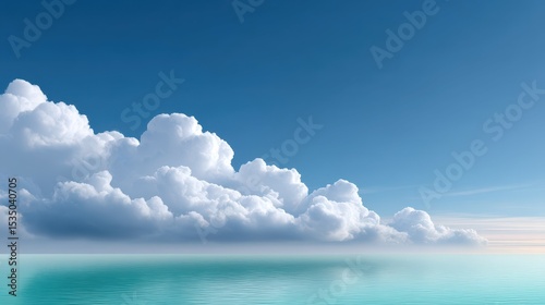 Serene ocean view with fluffy clouds under a bright blue sky.