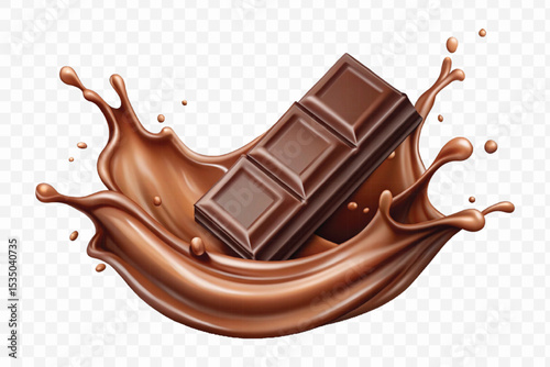 abstract 3d smooth liquid chocolate splash with chocolate bar isolated on transparent background