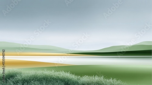 Serene landscape featuring tranquil waters and gentle hills in soothing pastel tones.