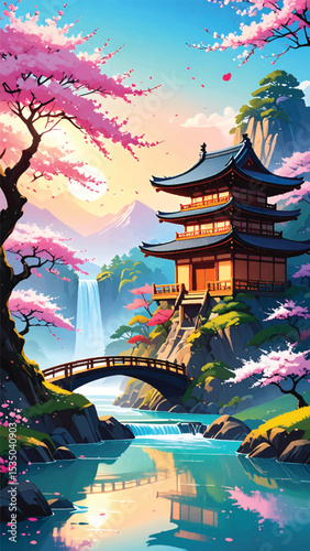 Peaceful oriental artwork with cherry trees and old temple. Artistic spring river landscape with pink blossom and pagoda. Japanese shrine surrounded by sakura and tranquil water