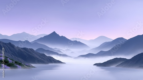 Serene twilight over misty mountains and calm waters