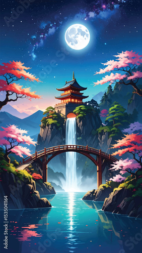 Japanese pagoda at night with full moon, waterfall and glowing sakura. Fantasy moonlit scene with pagoda, bridge, and cherry blossom trees. Tranquil night temple and river under glowing full moon sky