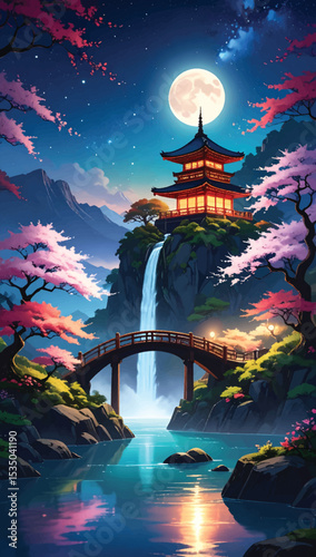 Magical Japanese pagoda with stars and sakura at night. Nighttime oriental landscape with waterfall and cherry blossoms. Moon over glowing pagoda and peaceful garden at night