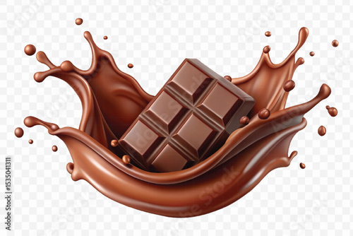 abstract 3d smooth liquid chocolate splash with chocolate bar isolated on transparent background
