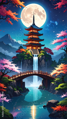 Serene temple under full moon with sakura reflections. Cherry trees and pagoda with moonlit waterfall in fantasy art. Full moon behind Japanese shrine and river bridge