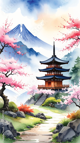 Pagoda and sakura path. Springtime scene of Japanese shrine in tranquil nature. Peaceful mountain pagoda with cherry blossoms in bloom. Watercolor artwork of pagoda and sakura in nature