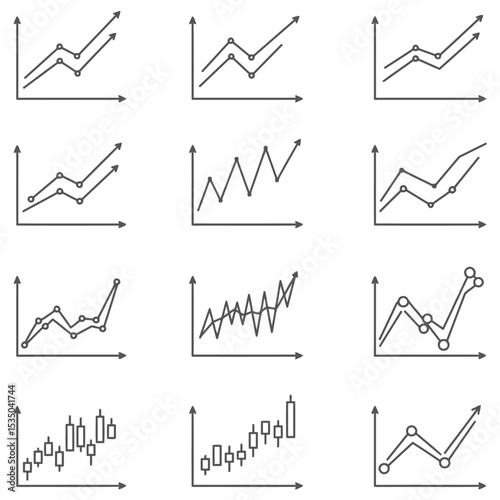Collection of business and finance line chart icons depicting data trends and growth in a clean simple style for presentation and design
