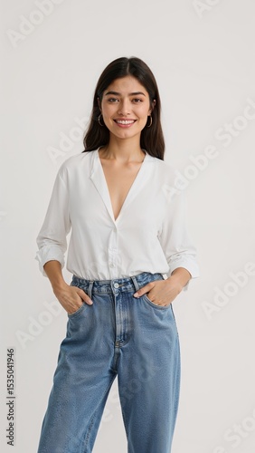 Full length of confident Thai woman in a loose white blouse and denim capris standing with one hand on her waist and smiling on plain white background