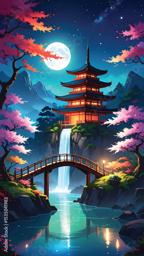 Glowing pagoda and trees in peaceful moonlit scene. Night fantasy with Japanese architecture and dreamy sky. Artistic nighttime view of temple. Pink cherry blossoms glow in fantasy moonlight