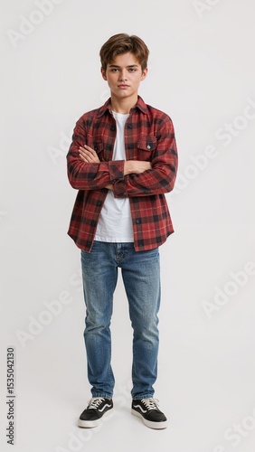 Full length of confident Russian boy in a checkered flannel shirt and jeans standing with arms folded across chest on plain white background