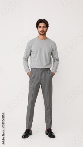 Full length of confident Saudi man in a plain crewneck shirt and slacks standing with his arms behind his waist and smiling gently on plain white background