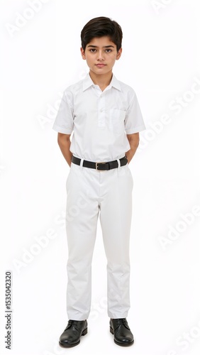 Full length of confident Bangladeshi boy in a white school uniform with a belt and neat hair standing straight with arms behind on plain white background