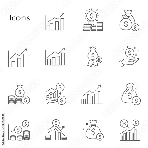 Collection of financial and investment icons depicting growth money and success in simple modern line art style