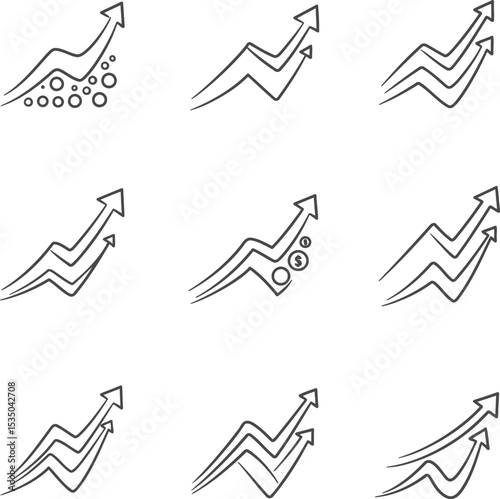 Collection of hand drawn arrow charts representing growth and financial progress icons vector illustration