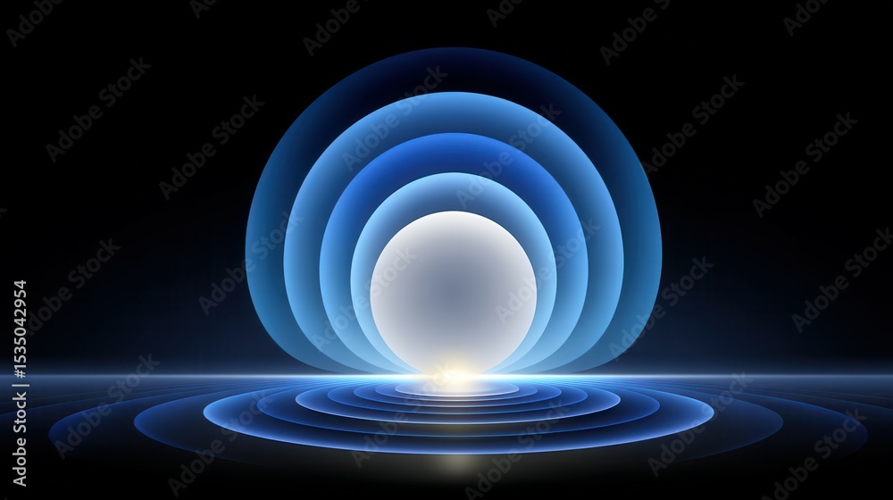 Fototapeta premium Abstract blue and white circular waves emanating from a central sphere.