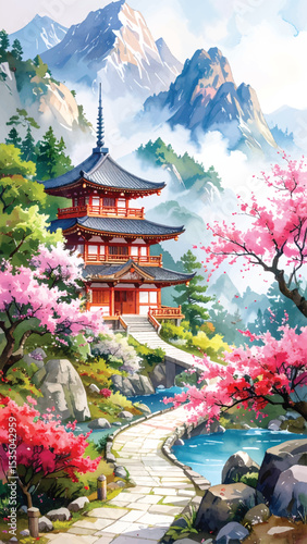 Spring harmony in Japanese countryside. Tranquil path to Japanese building in sakura season. Pagoda and flowers in scenic watercolor valley. Sakura garden and Japanese shrine in peaceful spring