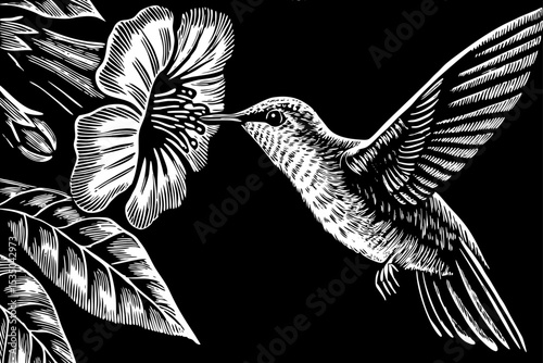 hummingbird frozen mid-flight as it drinks nectar from a flower, black and white sketch vector