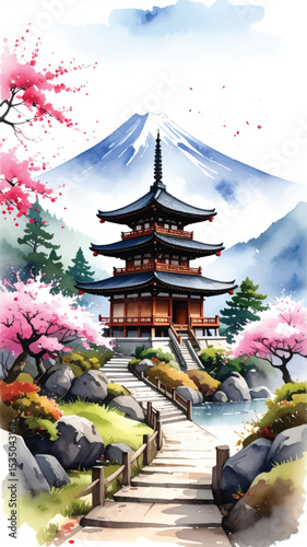 Blooming season in traditional Japanese village. Pagoda illustration with sakura and Mt. Fuji behind. Japanese pagoda with cherry blossoms and snowy mountain. Watercolor temple art in sakura season