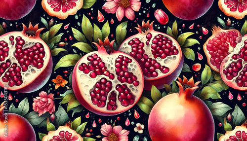 The pomegranate tree is an original watercolor painting depicting red ripe pomegranates and flowers. Beautiful pomegranate flowers on canvas. Modern Impressionism. Vivid artistic