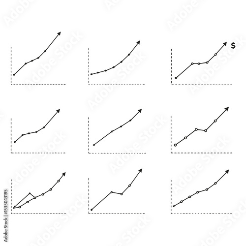 Collection of hand drawn upward trending line charts representing growth business finance and success with arrow icon
