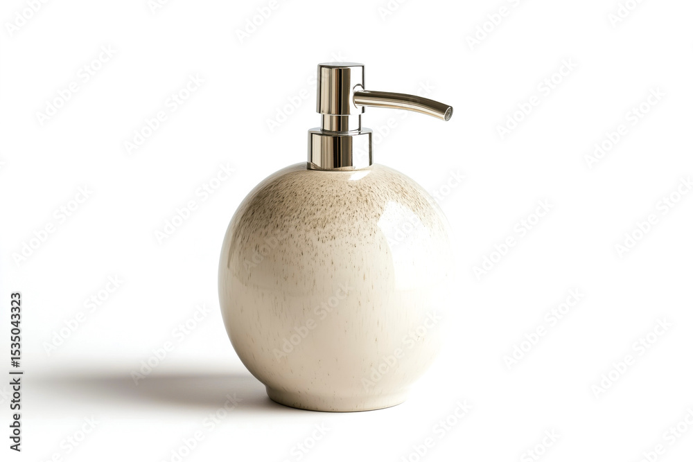 Fototapeta premium A stylish ceramic soap dispenser with a metallic pump on a white isolated background.