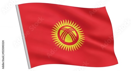 Waving Flag of Kyrgyzstan Detailed Design and Red Background photo