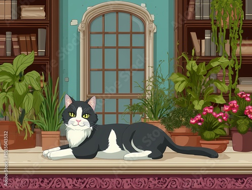 Cat Relaxing in Cozy Library with Green Plants and Bookshelves