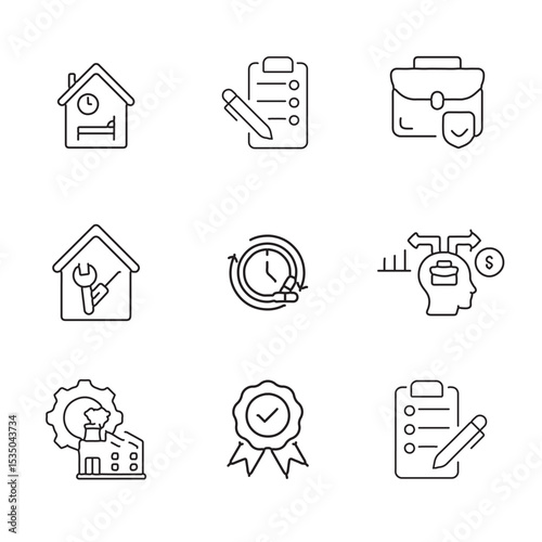 Collection of thin line icons for business productivity and services. Minimalist vector graphics for planning, strategy, and time management.