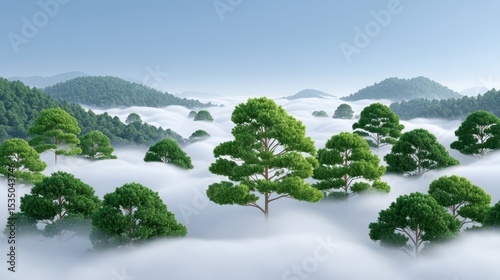 Lush green trees rise above a sea of misty clouds in a serene landscape.