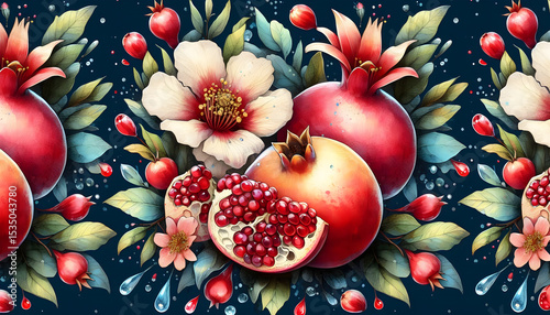 The pomegranate tree is an original watercolor painting depicting red ripe pomegranates and flowers. Beautiful pomegranate flowers on canvas. Modern Impressionism. Vivid artistic