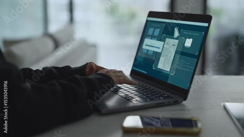 Female hacker breaking into remote server copying top secret documents and files. Woman with black hoodie typing on laptop. Security breach. Stealing classified info from government agency archive