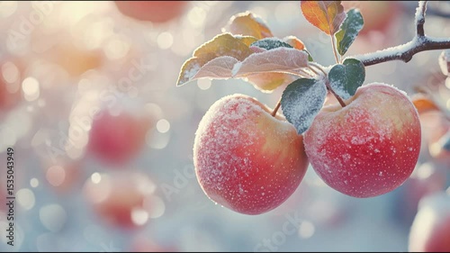 Two bright red apples on a branch are covered in frost. The background is blurred, with soft light and snowflakes, creating a feeling of a winter fairy tale.