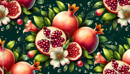 The pomegranate tree is an original watercolor painting depicting red ripe pomegranates and flowers. Beautiful pomegranate flowers on canvas. Modern Impressionism. Vivid artistic