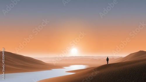 Silhouetted figure standing in tranquil desert landscape at sunset.