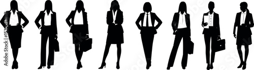 A set of eight black silhouettes of businesswomen in various poses, holding briefcases and tablets, is displayed.
