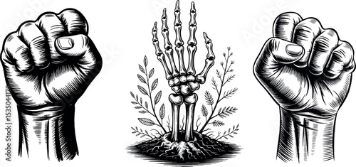  two closed fists and one skeletal hand emerging from the ground, all in a black and white sketch style.