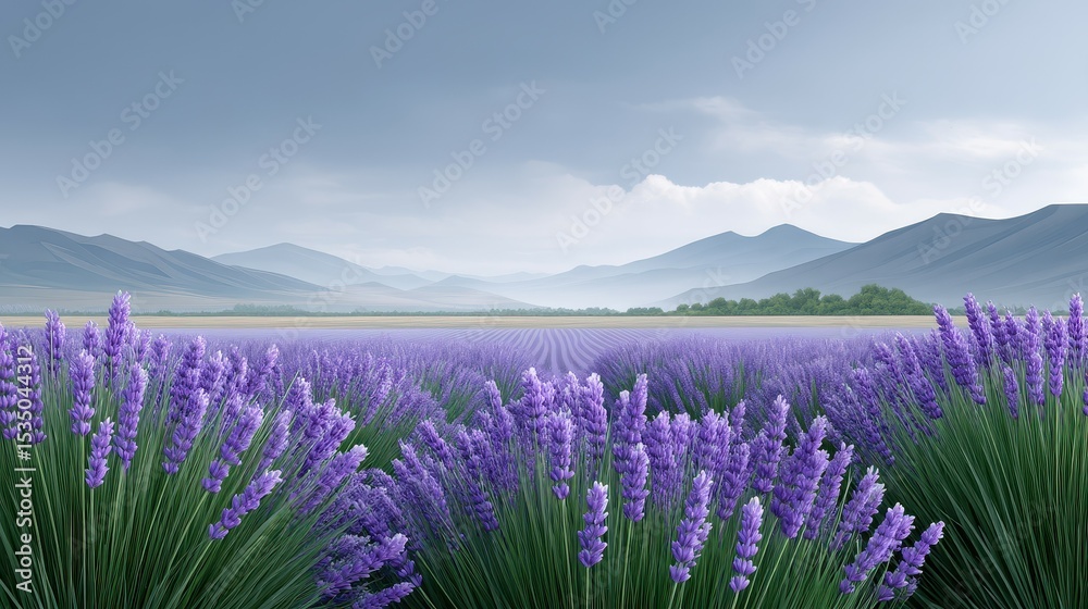 Fototapeta premium A serene lavender field with mountains in the background under a cloudy sky.