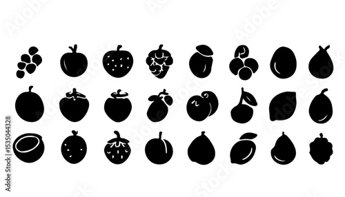 A simple black and white illustration of various fruits arranged in neat rows against a white background