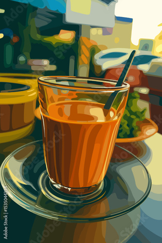 This digitally stylized image depicts a traditional glass of Thai hot milk tea (commonly known as “cha nom ron”) placed on a clear glass saucer. The tea is a rich, deep orange hue—typical of Thai milk