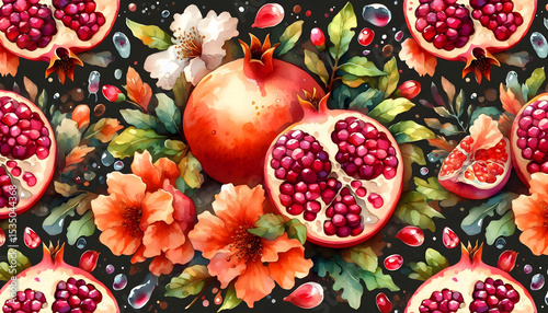 The pomegranate tree is an original watercolor painting depicting red ripe pomegranates and flowers. Beautiful pomegranate flowers on canvas. Modern Impressionism. Vivid artistic