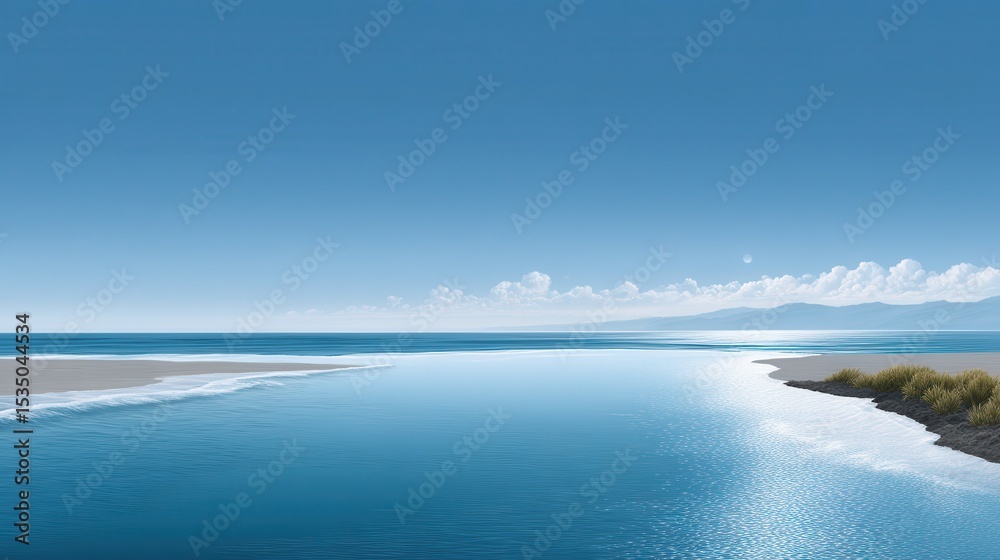 Fototapeta premium Tranquil blue seascape with gentle waves and sandy shore under a clear sky.