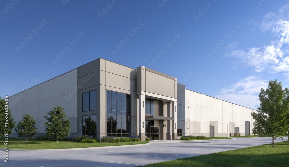 Obraz premium Modern Beige Warehouse Building Exterior on Sunny Day
