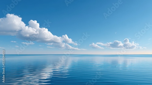 Serene ocean view under a clear blue sky with soft clouds reflecting on the water.