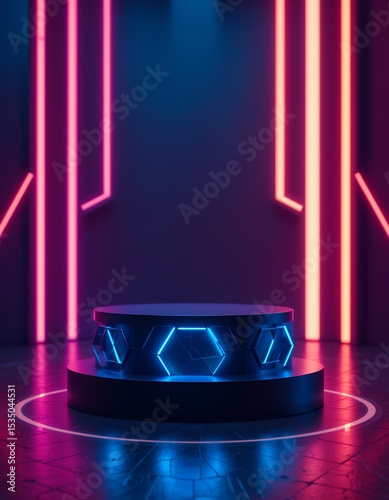 Futuristic neon illuminated hexagonal podium with dark background vibrant lighting design