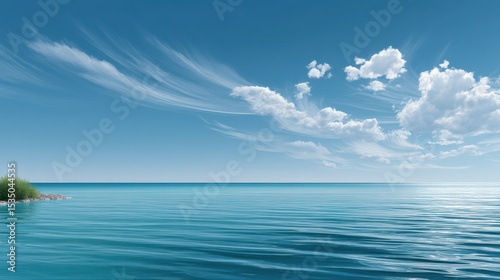 Tranquil sea view under a bright blue sky with wispy clouds.