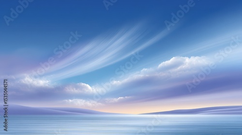 Serene seascape at sunset with soft clouds and gentle waves.