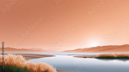 Tranquil river landscape at sunset with warm tones and soft reflections.
