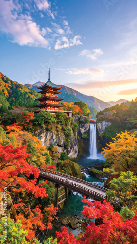Ancient temple above cliff waterfall with red trees. Traditional Japanese architecture in fall mountain view. Pagoda on autumn hillside with colorful forest stream